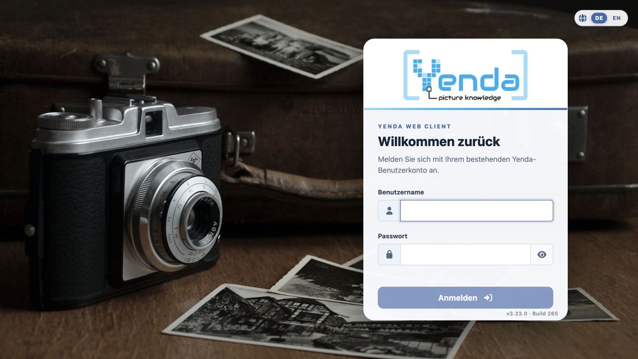 Current Yenda web client login screen